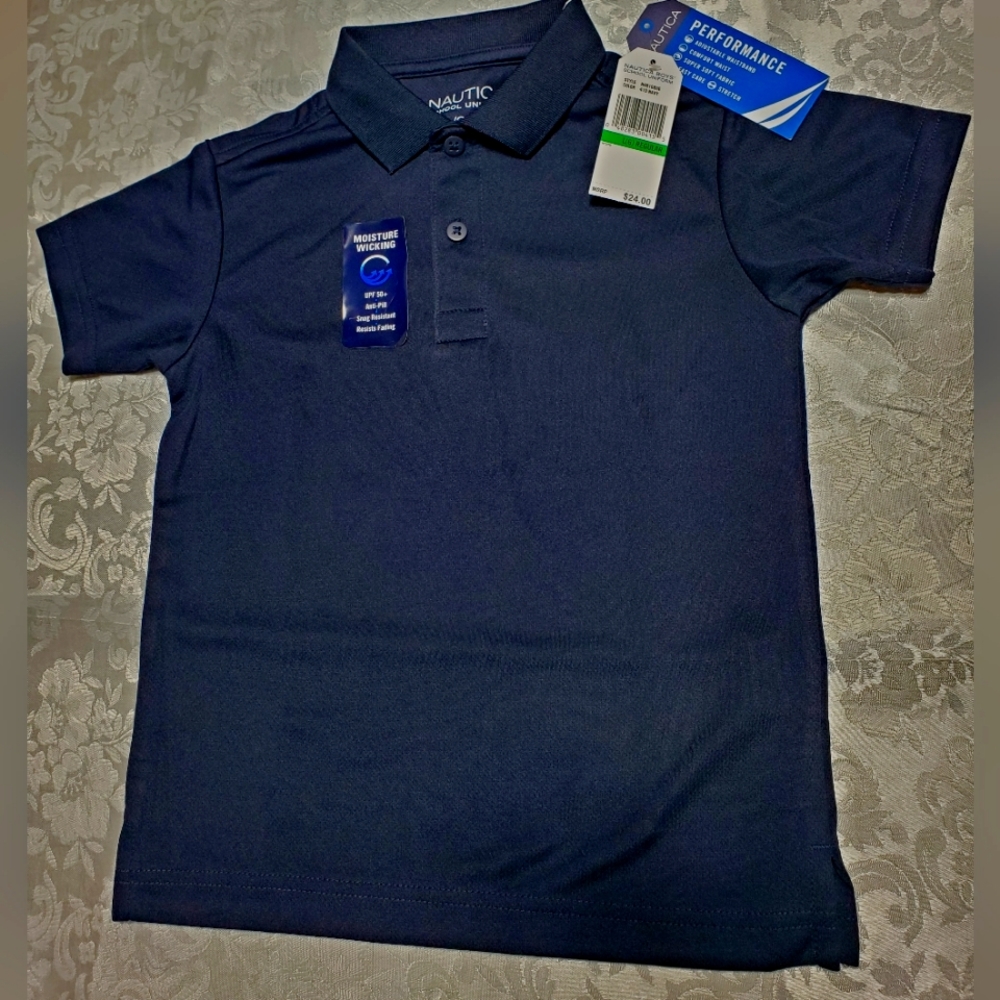 NWT Nautica Boys' Husky School Uniform Short Sleeve Polo Shirt, Button Closure